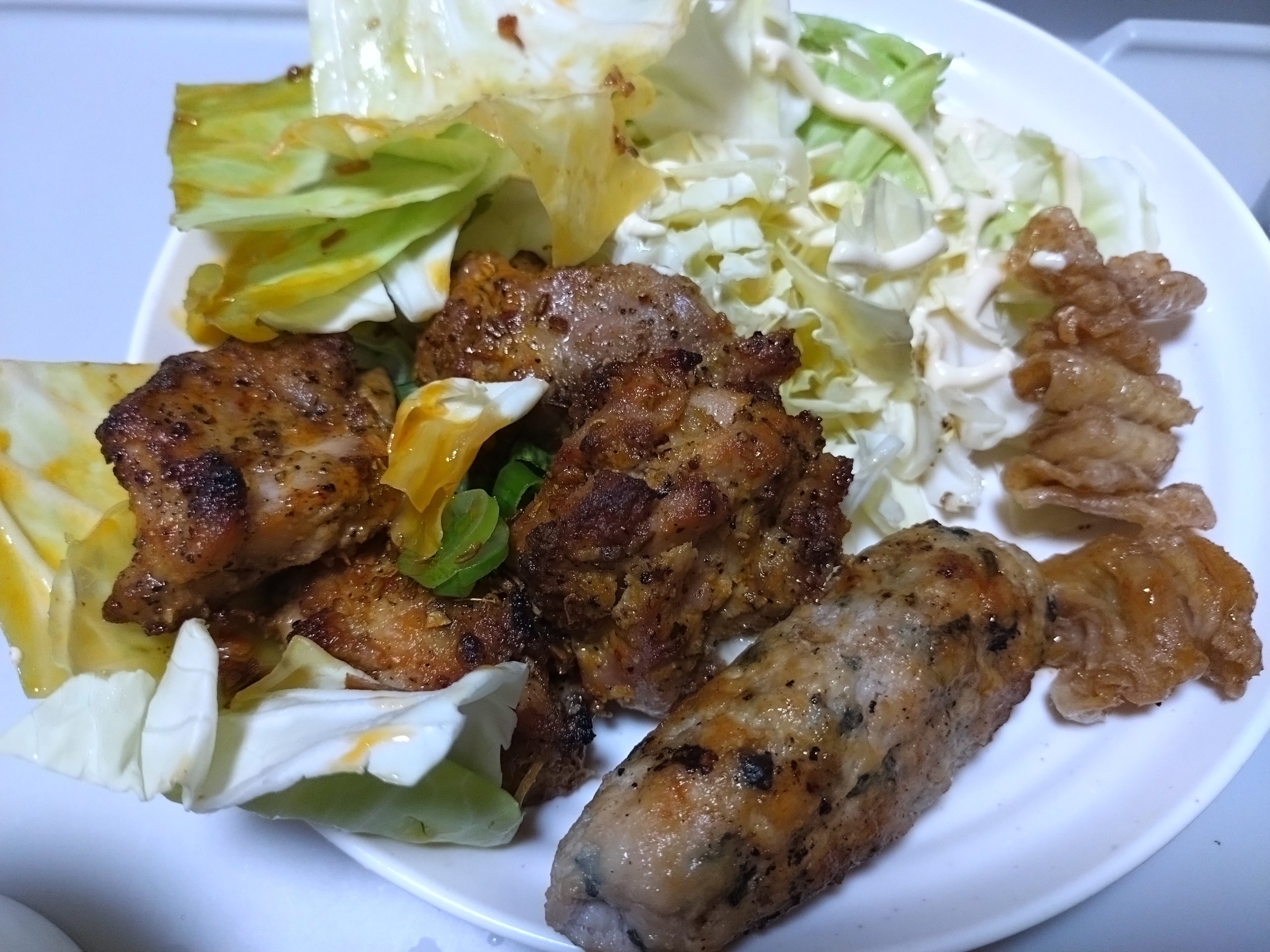 焼き鳥を皿に盛り付けて晩ごはんにした様子（自前のキャベツも追加）