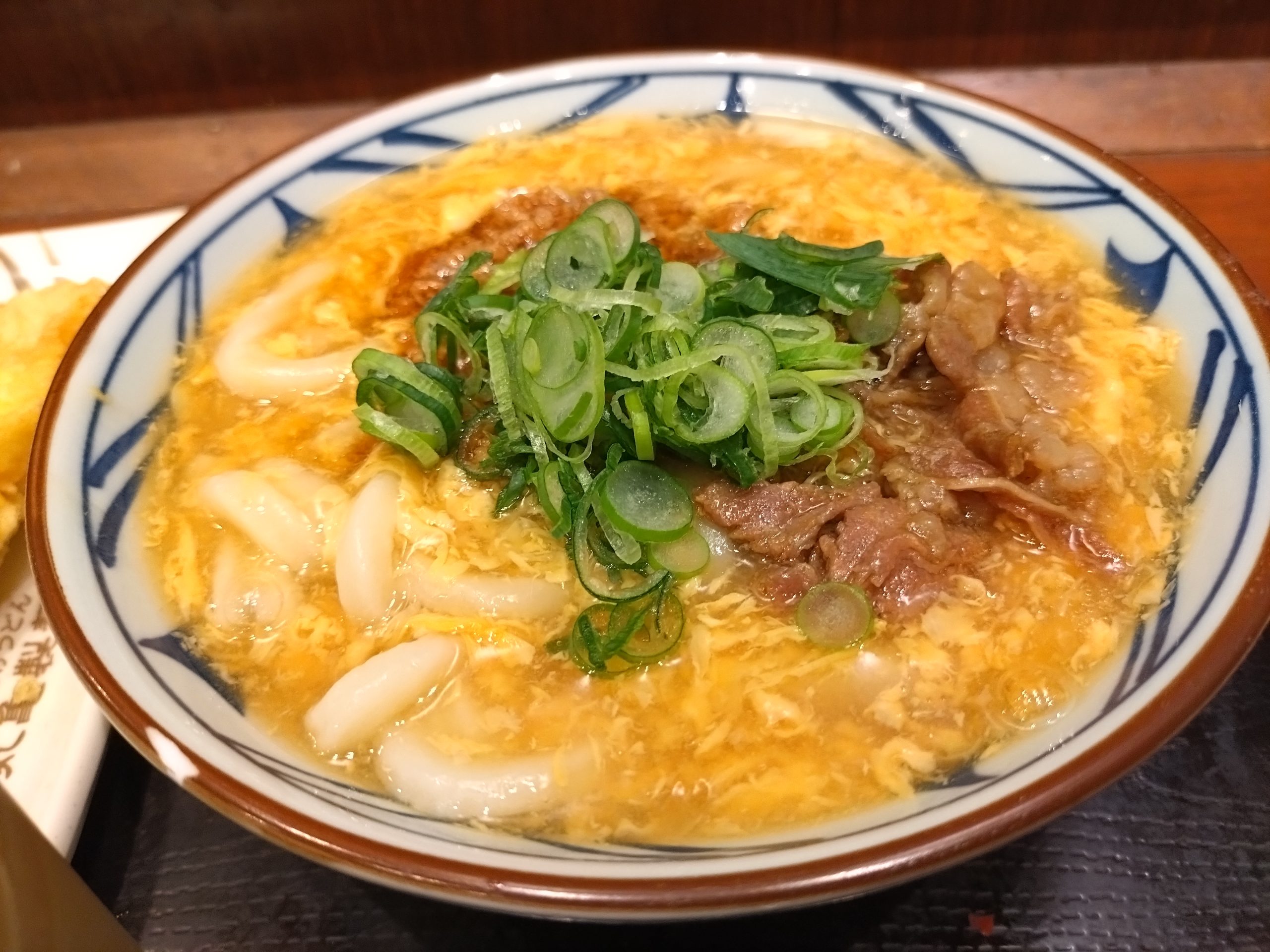 肉重ね玉子あんかけうどんを斜め45度から見た全景