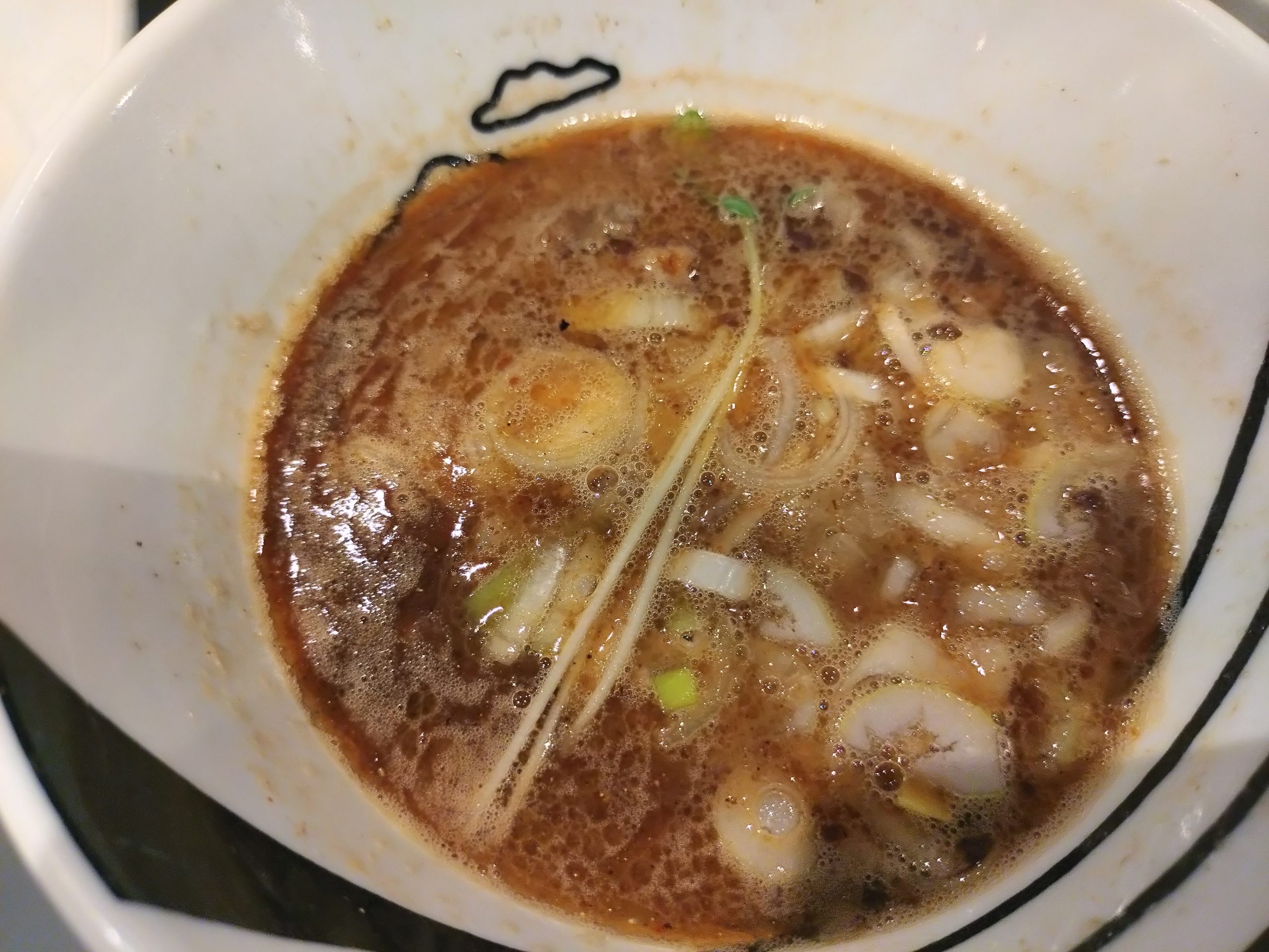 魚介系のつけ汁アップ。ねぎと油が浮く中濃度スープ